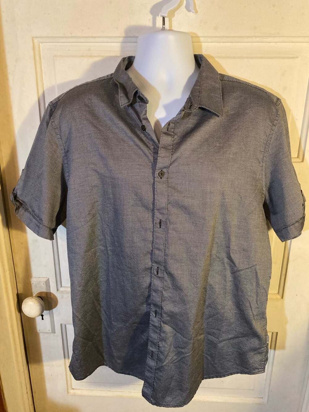 Calvin Klein Men's Gray Micro-Pattern Short Sleeve Button-Down Shirt XL